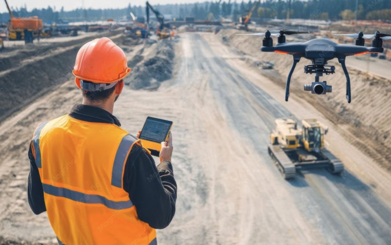 Drone surveyor using RTK technology on a construction site